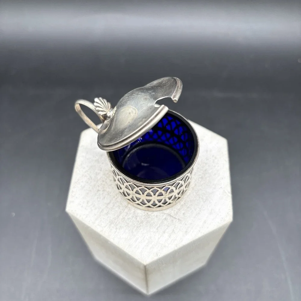 Sterling Silver 925 Mustard Pot Cobalt Blue Glass Liner‎ Openwork Vintage
